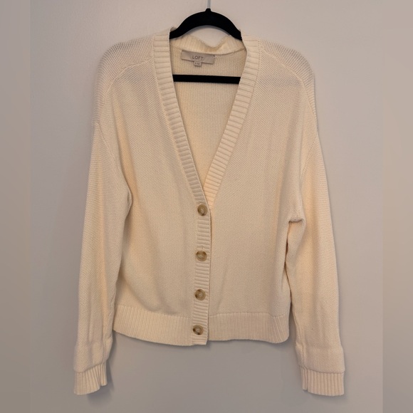LOFT Stitchy V Neck Cardigan; Whisper White; XL; Cream Cardigan; 100% Cotton - Picture 2 of 5